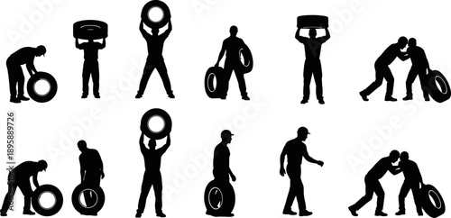 Fitness silhouette set of men training with heavy tires for crossfit, strength exercises, gym workouts, and athletic sports competition