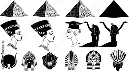 Ancient Egyptian vector collection featuring Nefertiti profiles, Giza pyramids with hieroglyphics, pharaoh masks, and mystical goddess symbols in black and white.