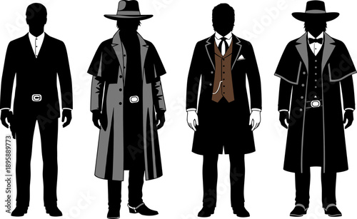 Black and white silhouette illustrations of four Wild West outlaws and Victorian gentlemen in duster coats and vintage formal attire.