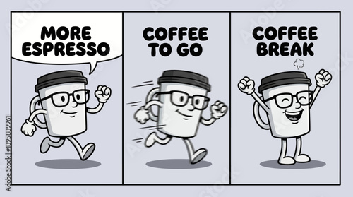 Three-panel cartoon of a cheerful businessman with coffee, showing More Espresso, Coffee to Go, and Coffee Break