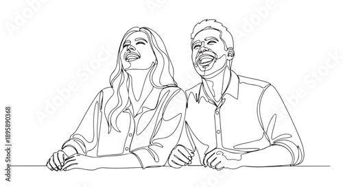 Continuous line drawing of a happy couple sharing genuine laughter, showcasing pure joy and a heartwarming connection in a minimalist style