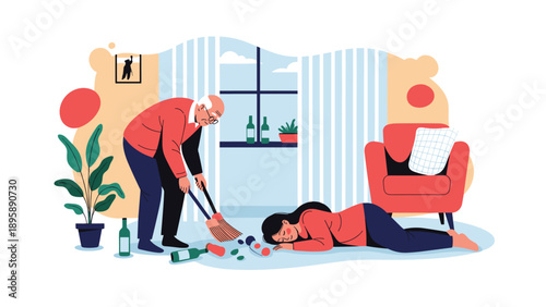 Elderly man sweeping the floor while a woman sleeps next to spilled wine bottles after a night of heavy drinking.