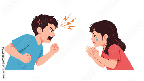 Angry young boy shouting aggressively at a crying girl in a conflict situation depicted in a flat vector style.