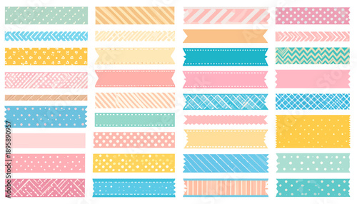 Collection of diverse washi tape designs displayed in a grid pattern featuring various patterns and pastel colors