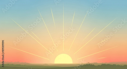Sunrise over rolling hills with sunburst rays a serene dawn landscape illustration for nature and travel concepts peaceful morning sky