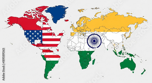 World map with USA and India flags representing global partnership and international relations concept for diplomacy and trade
