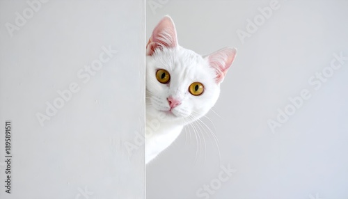 Curious white cat peers around a corner, its bright yellow eyes shining against a plain wall