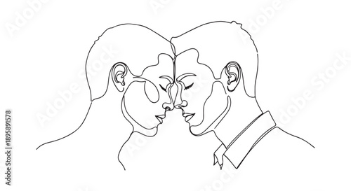 A minimalist line drawing of two men in an intimate embrace, heads touching in a tender moment