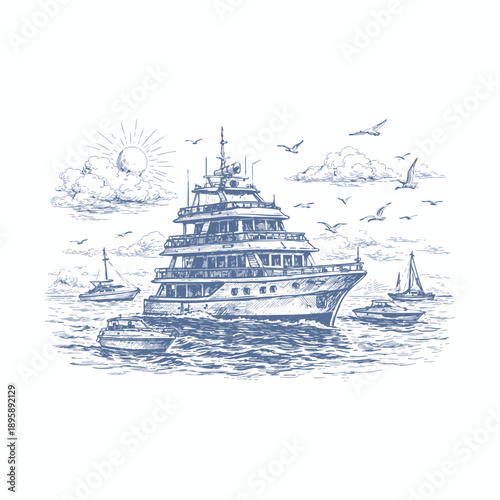 Vintage Retro Style Yacht and Luxury Boats Illustration with Seagulls and Ocean Seascape