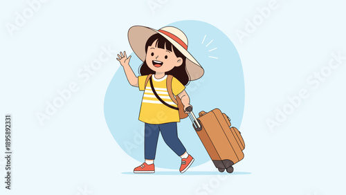 Excited young girl wearing a sun hat pulling a suitcase and waving while going on a summer travel adventure.