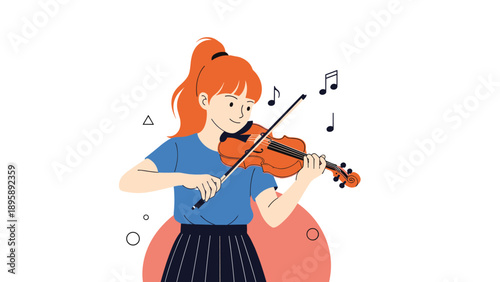 Talented young girl with orange hair playing the violin gracefully with beautiful musical notes floating in the air.