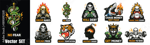 Motivational mascot badge vector set featuring fierce animals, skulls, and power symbols with bold flames. Retro emblem style graphics ideal for gym apparel, streetwear, stickers, patches, and strong 