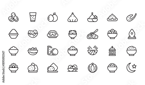 Traditional middle eastern food icons for ramadan including various dates bowls of snacks and ornaments