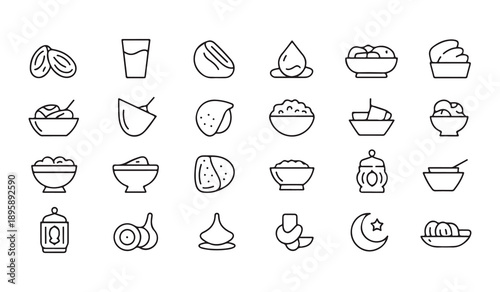 Ramadan iftar food line icons featuring dates bowls of traditional snacks and islamic religious symbols