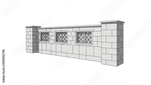 Long concrete block boundary wall with decorative window inserts used for property security and privacy landscaping in a modern residential area.