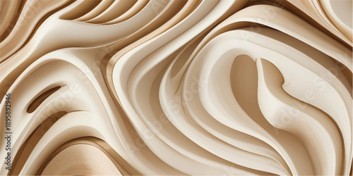 Abstract cream and white chocolate swirl texture with golden waves on a wood background