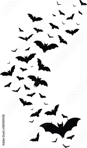Flying bats silhouette swarm in dynamic motion, black vector illustration for Halloween design, spooky night wildlife concept isolated on white background