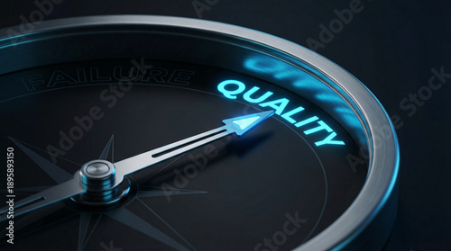 Compass dial pointing to quality, symbolizing quality management, business standards, excellence, performance improvement, and strategic focus for professional and corporate success.