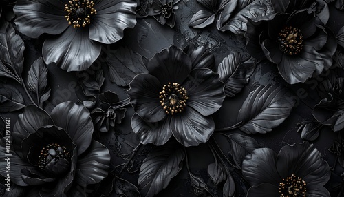 Dark, sculptural floral arrangement. Metallic gold centers pop against the matte black flowers and leaves