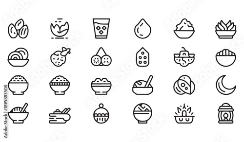 Ramadan food icons featuring dates fruits drinks and traditional meals for Islamic feasts