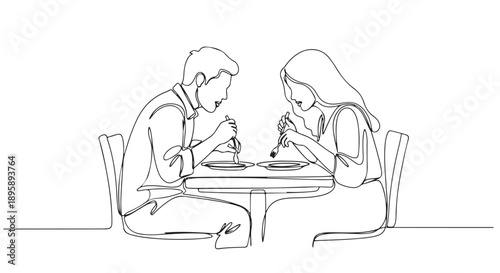 Continuous line drawing of a romantic couple enjoying a dinner date at a restaurant, sharing a meal and intimate moments together, illustrating connection and modern lifestyle