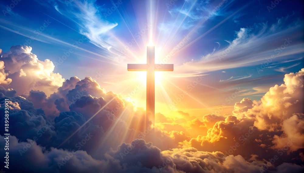 Fototapeta premium Cross silhouette bathed in heavenly light. Fluffy clouds below, vivid blue sky, and radiant sunbeams dominate