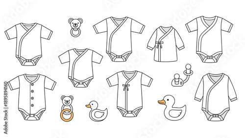 Collection of basic baby clothing items and toys including various rompers, rattles, pacifiers, and rubber ducks in a simple black line art style.