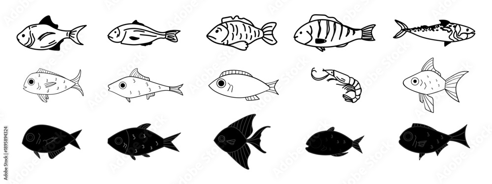 Obraz premium Fishes icon set vector illustration. Big Collection of fish Silhouettes. Fish logo. Editable stroke.