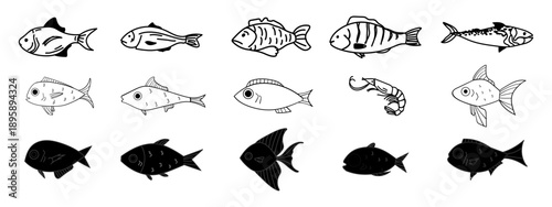 Fishes icon set vector illustration. Big Collection of fish Silhouettes. Fish logo. Editable stroke.