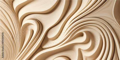 Premium Abstract Wooden Sculpture Texture with Flowing Layered Curves and Soft Natural Beige Material Ideal for Branding, Packaging, Posters and High-Resolution Backgrounds