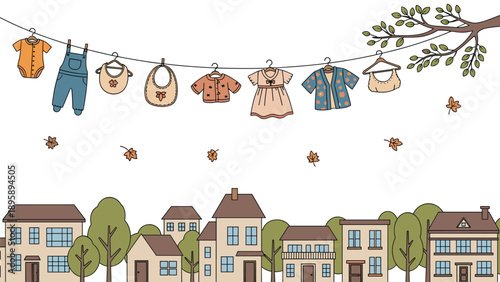 Whimsical scene showing baby clothes hanging on a long clothesline spanning over a peaceful row of houses and autumn trees with falling leaves.