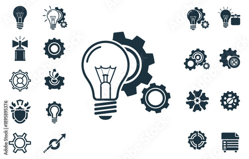 Assortment of black icons featuring light bulbs, gears, and business growth symbols Keywords: light bulb, gear, cogwheel, graph