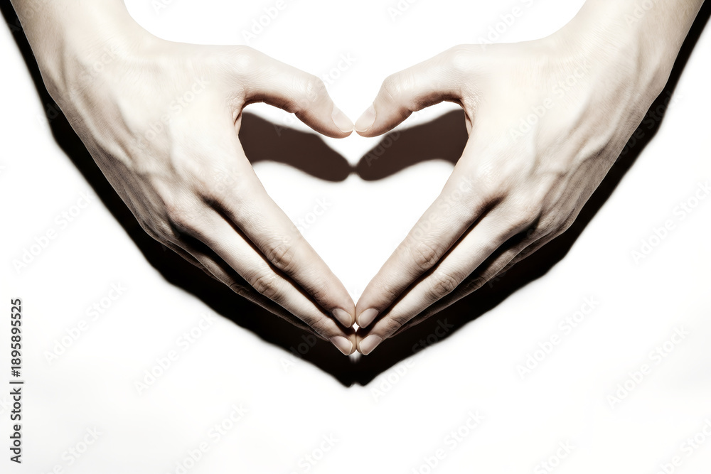 Obraz premium Human's hands making a heart shape on white background. Banner template of love, care and support, Valentines Day or Mother's Day with copy space.