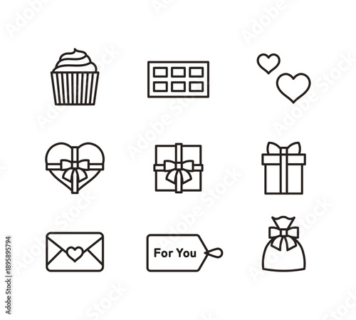 カップケーキ・板チョコ・丸みを帯びたハート型や正方形のギフトボックス・ラブレター・「For You」タグ・ギフト包装用巾着袋を描いた、バレンタインおよびホワイトデー向けシンプルモノラインアイコンセット