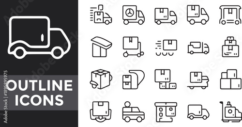 Delivery truck and package icons set outline style logistics and transport