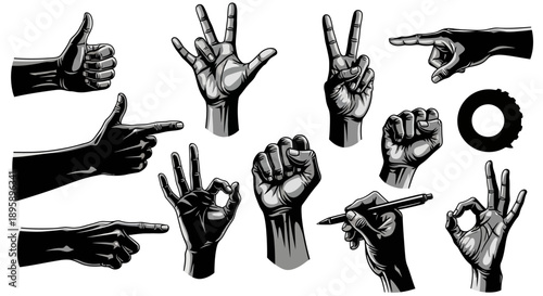 Hand gestures vector set, monochrome style