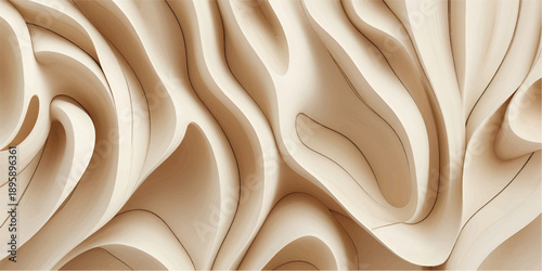 Luxury Abstract Layered Wood Carving Pattern with Smooth Curved Waves and 3D Sculpted Beige Texture for Premium Backgrounds, Branding, Packaging, Interior Visuals and High-End Creative Design Projects