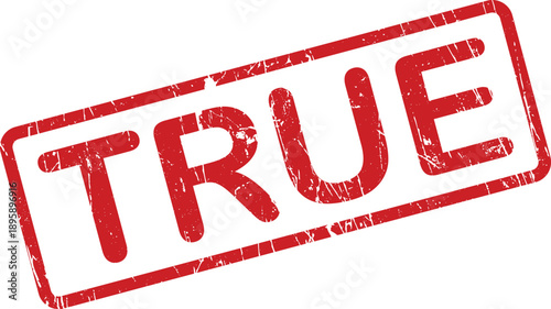 A vibrant red rubber stamp with the bold word TRUE displayed on a clean white background