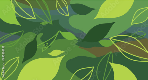 Vibrant green leaves and abstract organic shapes create a dynamic nature-inspired pattern, perfect for eco-friendly designs and natural backgrounds