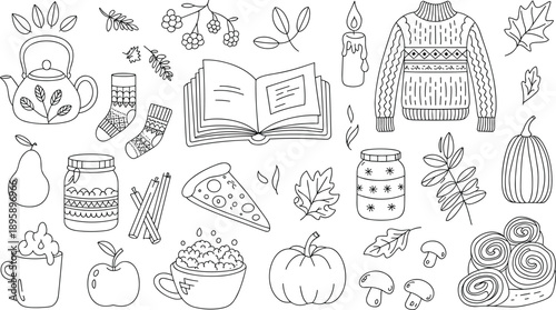 Handdrawn autumn and cozy season icons and illustrations