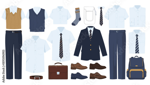 Collection of various male school uniform components including shirts, vest, blazer, trousers, ties, shoes, and blue backpack.