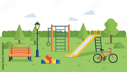 Empty children playground landscape with slide, monkey bars, wooden bench, street lamp, building blocks, and red bicycle.
