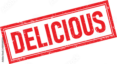 Red Ink Stamp with Delicious Text and Distressed Square Border Design