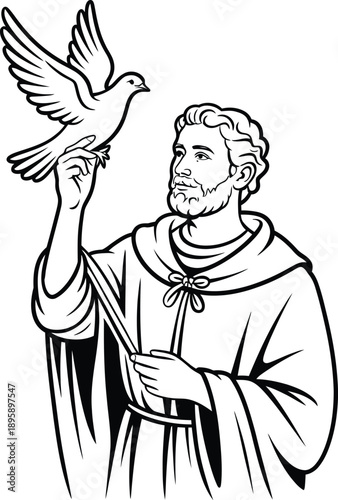 Saint David with dove patron saint of Wales line art