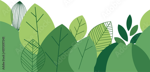 Refreshing abstract illustration of diverse green leaves and foliage, creating a dynamic and modern natural backdrop for design and environmental themes