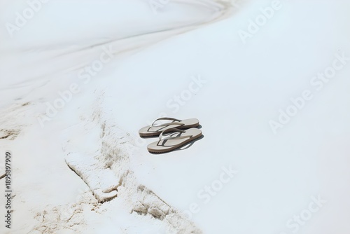 Pair of flip flops on white sandy beach with footprints summer vacation holiday travel relaxation tropical destination concept