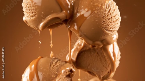 Salted caramel gelato scoops and viscous sauce floating in caramel studio.