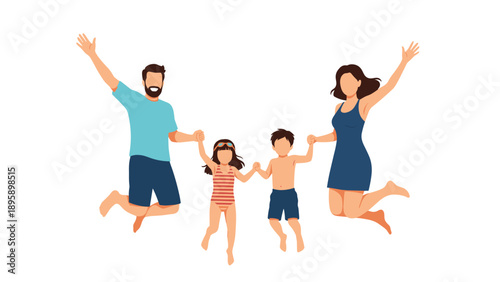 Joyful family with father, mother, and two children jumping high in the air with their arms raised in absolute excitement.