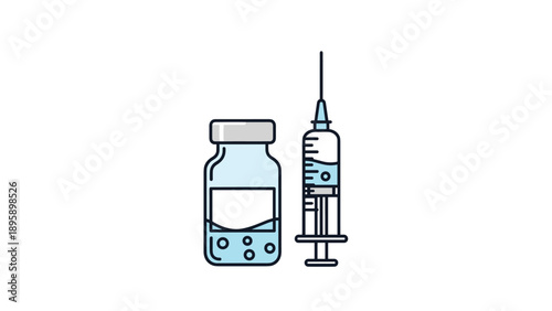 Medical illustration of a vaccine vial filled with blue liquid next to a syringe ready for injection on white background.