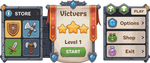 Fantasy game victory screen user interface with stars, store items, menu buttons, medieval RPG UI elements illustration set